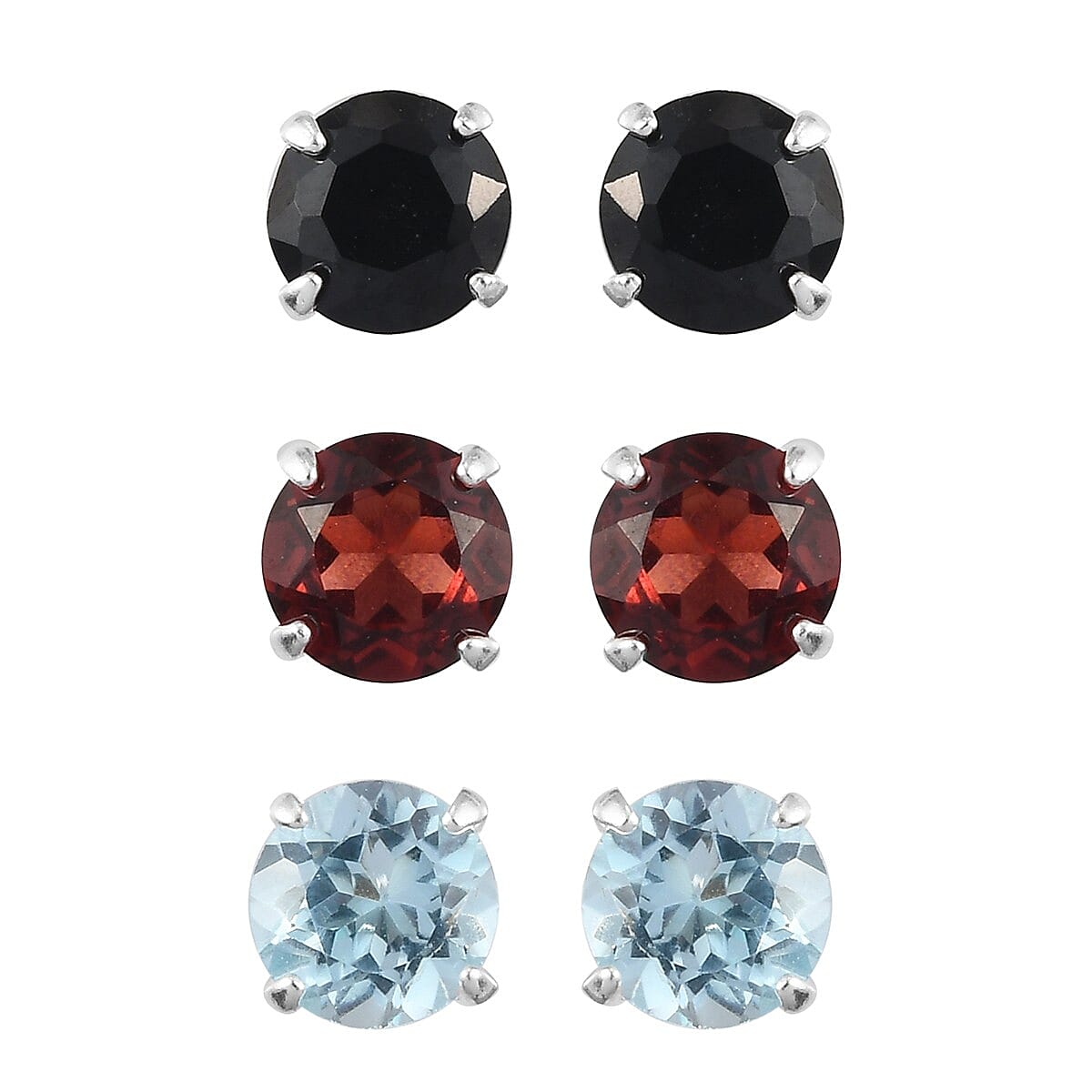 D'Joy Set of 3 Gemstone Earrings in Sterling Silver ( Garnet Sky Blue Topaz Black Spinel) 2.74 ctw