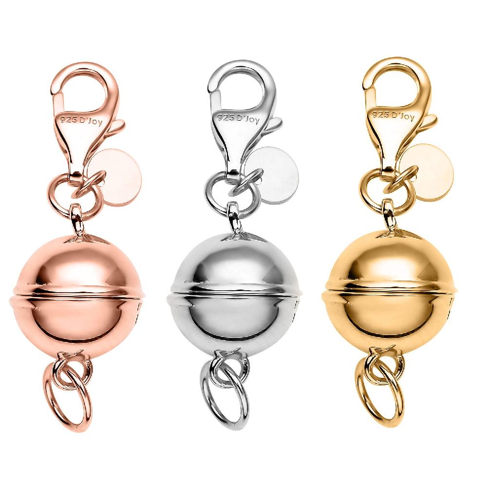D'Joy Set of 3 Magnetic Lock (Round) with Lobster Clasp in 14K Yellow Gold Rose Gold and Rhodium Over Sterling Silver 7.40 Grams