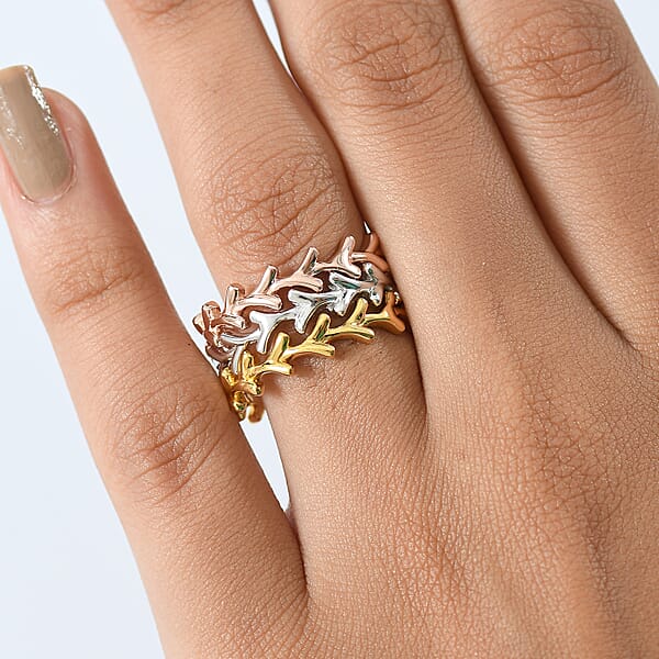 D'Joy Set Of 3 Y-Link Band Ring In 18K Vermeil Yellow Rose Gold And Rhodium Over Sterling Silver 7 Grams