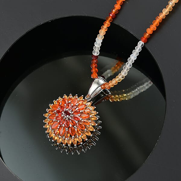D'Joy Shades Of Fire Opal 37.70 Ctw Chrysanthemum Flower Pendant With Beaded Necklace 20 Inches In Rhodium Over Sterling Silver