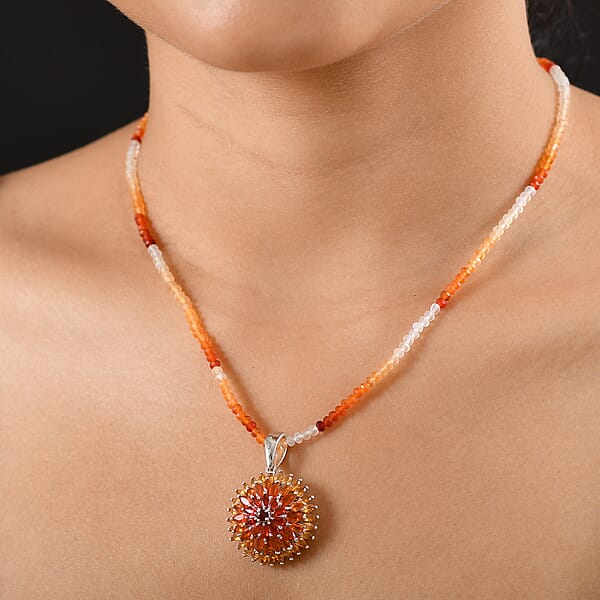 D'Joy Shades Of Fire Opal 37.70 Ctw Chrysanthemum Flower Pendant With Beaded Necklace 20 Inches In Rhodium Over Sterling Silver
