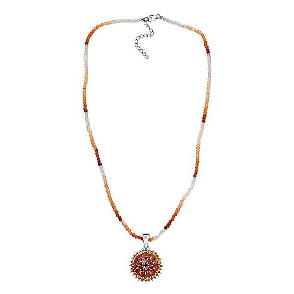 D'Joy Shades Of Fire Opal 37.70 Ctw Chrysanthemum Flower Pendant With Beaded Necklace 20 Inches In Rhodium Over Sterling Silver