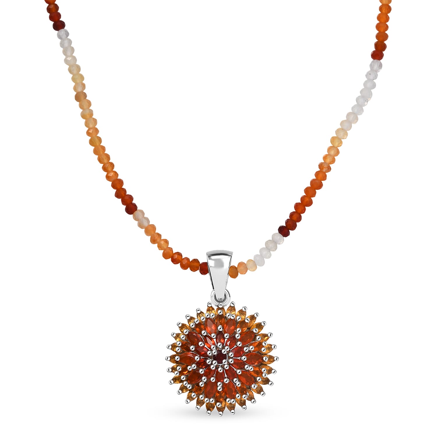 D'Joy Shades of Fire Opal 37.70 ctw Chrysanthemum Flower Pendant with Beaded Necklace 20 Inches in Rhodium Over Sterling Silver