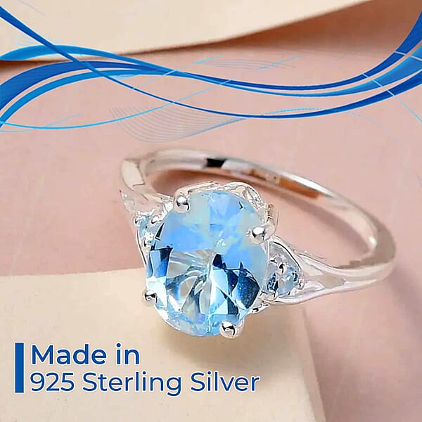 D'Joy Sky Blue Topaz Ring In Sterling Silver Three Stone Ring For Women Silver Ring 3.10 Ctw