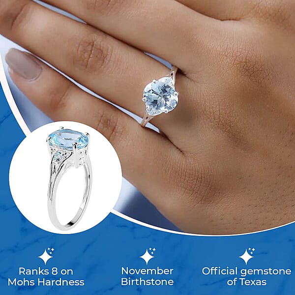 D'Joy Sky Blue Topaz Ring In Sterling Silver Three Stone Ring For Women Silver Ring 3.10 Ctw