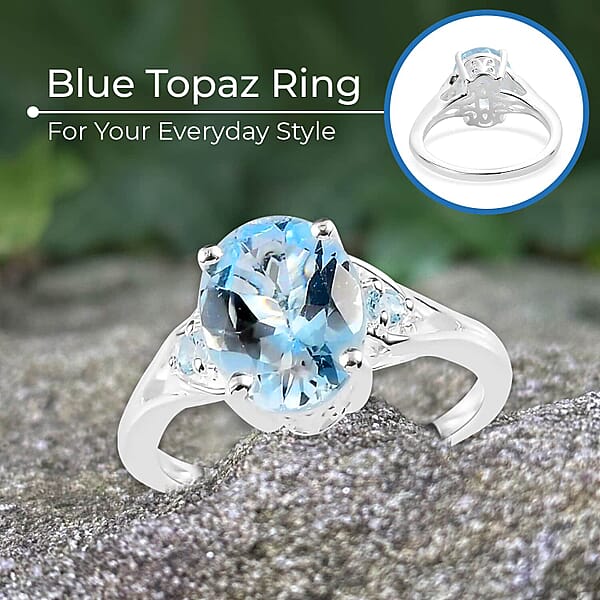 D'Joy Sky Blue Topaz Ring In Sterling Silver Three Stone Ring For Women Silver Ring 3.10 Ctw