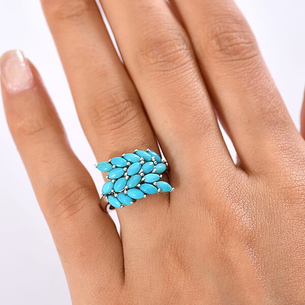 D'Joy Sleeping Beauty Turquoise 2.90 Ctw Bypass Leafs Ring In Rhodium Over Sterling Silver