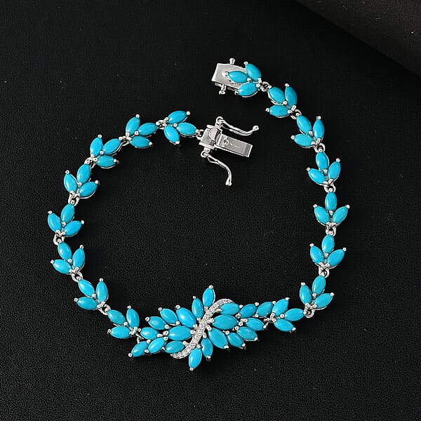 D'Joy Sleeping Beauty Turquoise And Moissanite 10.25 Ctw Vine Bracelet In Rhodium Over Sterling Silver (7.25 In)