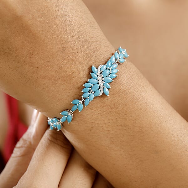 D'Joy Sleeping Beauty Turquoise And Moissanite 10.25 Ctw Vine Bracelet In Rhodium Over Sterling Silver (7.25 In)