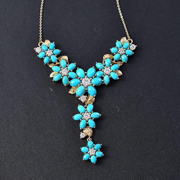 D'Joy Sleeping Beauty Turquoise And Moissanite 13.70 Ctw Floral Necklace In 18K Vermeil Yellow Gold Over Sterling Silver 18 Inches