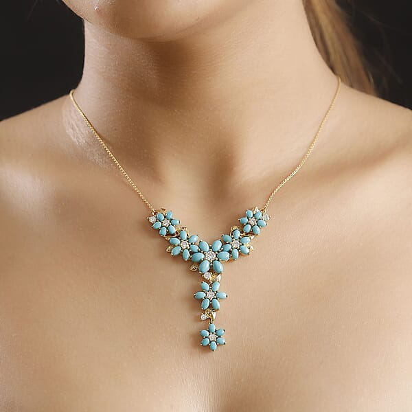 D'Joy Sleeping Beauty Turquoise And Moissanite 13.70 Ctw Floral Necklace In 18K Vermeil Yellow Gold Over Sterling Silver 18 Inches