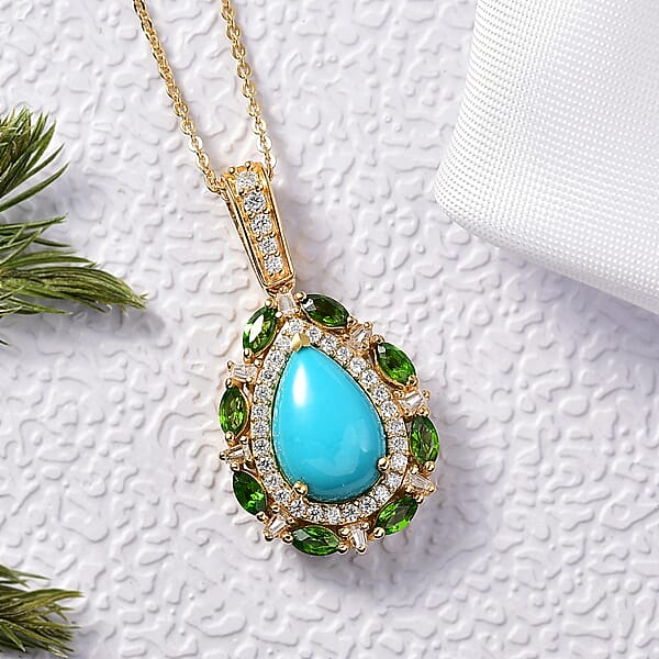 D’Joy Sleeping Beauty Turquoise And Multi Gemstone 4.00 Ctw Sunburst Halo Pendant Necklace In 18K Vermeil Yellow Gold Over Sterling Silver 20 Inches