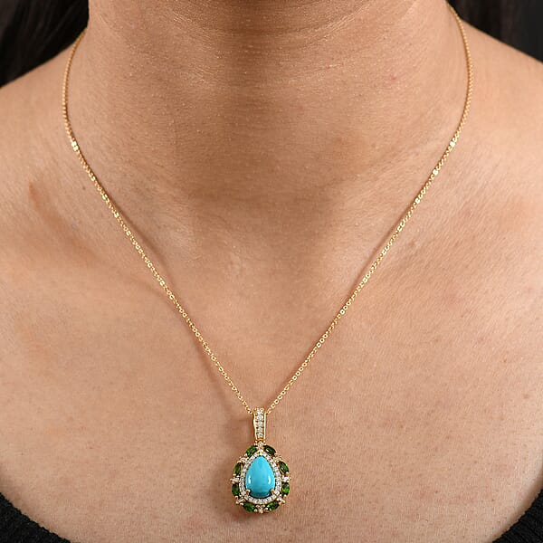 D’Joy Sleeping Beauty Turquoise And Multi Gemstone 4.00 Ctw Sunburst Halo Pendant Necklace In 18K Vermeil Yellow Gold Over Sterling Silver 20 Inches