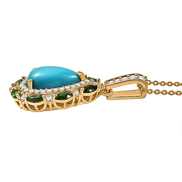 D’Joy Sleeping Beauty Turquoise And Multi Gemstone 4.00 Ctw Sunburst Halo Pendant Necklace In 18K Vermeil Yellow Gold Over Sterling Silver 20 Inches