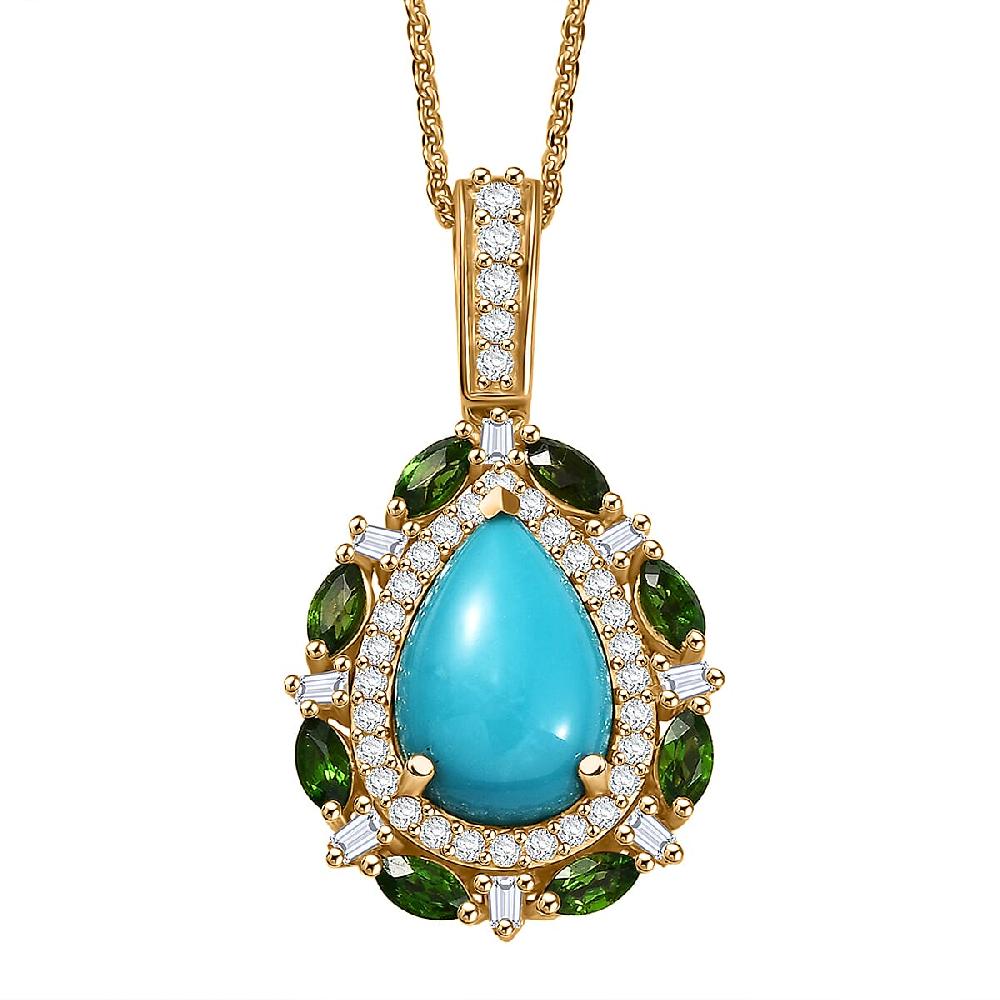 D’Joy Sleeping Beauty Turquoise and Multi Gemstone 4.00 ctw Sunburst Halo Pendant Necklace in 18K Vermeil Yellow Gold Over Sterling Silver 20 Inches