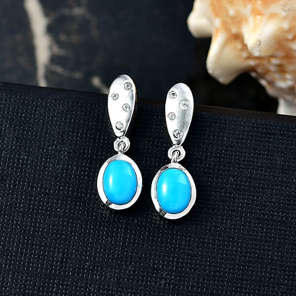 D'Joy Sleeping Beauty Turquoise And White Zircon 1.85 Ctw Stud Earrings In Platinum Over Sterling Silver