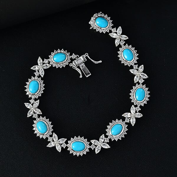 D'Joy Sleeping Beauty Turquoise And White Zircon 14.85 Ctw Sunburst Halo Bracelet In Rhodium Over Sterling Silver (7.25 In)