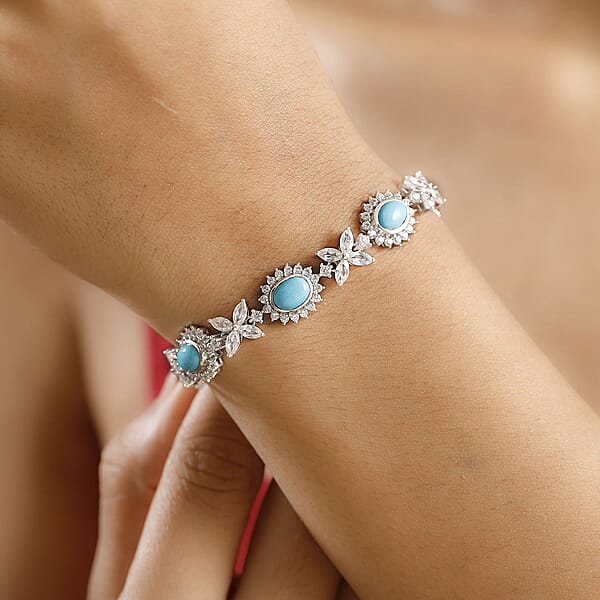 D'Joy Sleeping Beauty Turquoise And White Zircon 14.85 Ctw Sunburst Halo Bracelet In Rhodium Over Sterling Silver (7.25 In)