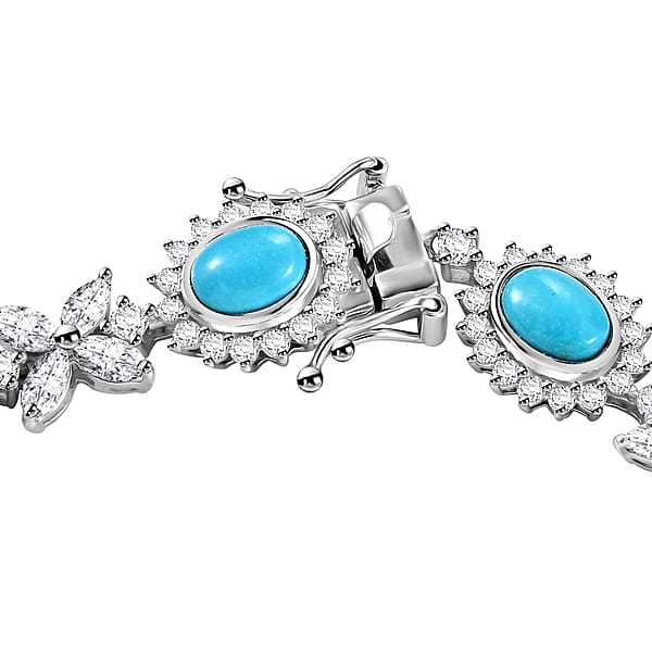 D'Joy Sleeping Beauty Turquoise And White Zircon 14.85 Ctw Sunburst Halo Bracelet In Rhodium Over Sterling Silver (7.25 In)