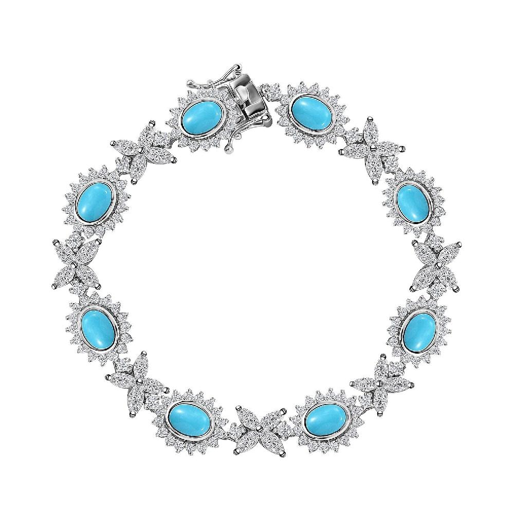 D'Joy Sleeping Beauty Turquoise and White Zircon 14.85 ctw Sunburst Halo Bracelet in Rhodium Over Sterling Silver (7.25 In)