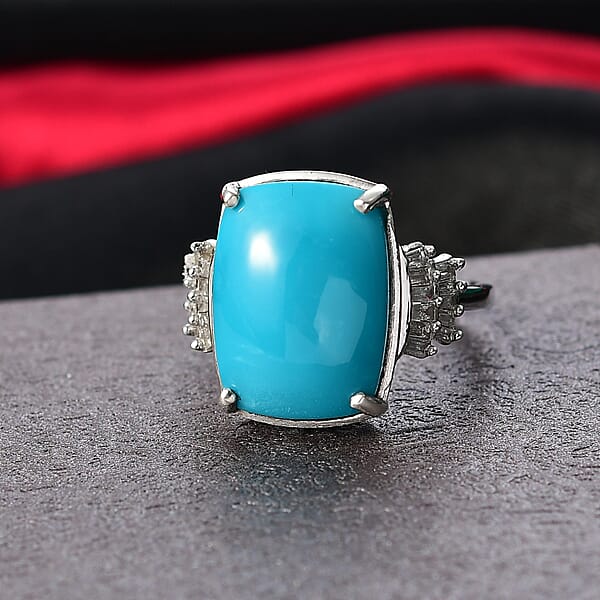 D'Joy Sleeping Beauty Turquoise Diamond Ballerina Ring In Rhodium Over Sterling Silver 8.30 Ctw