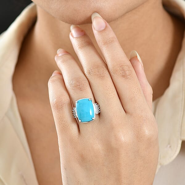 D'Joy Sleeping Beauty Turquoise Diamond Ballerina Ring In Rhodium Over Sterling Silver 8.30 Ctw