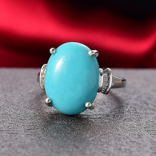 D'Joy Sleeping Beauty Turquoise Diamond Ring In Rhodium Over Sterling Silver 7.20 Ctw
