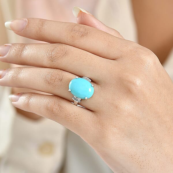 D'Joy Sleeping Beauty Turquoise Diamond Ring In Rhodium Over Sterling Silver 7.20 Ctw