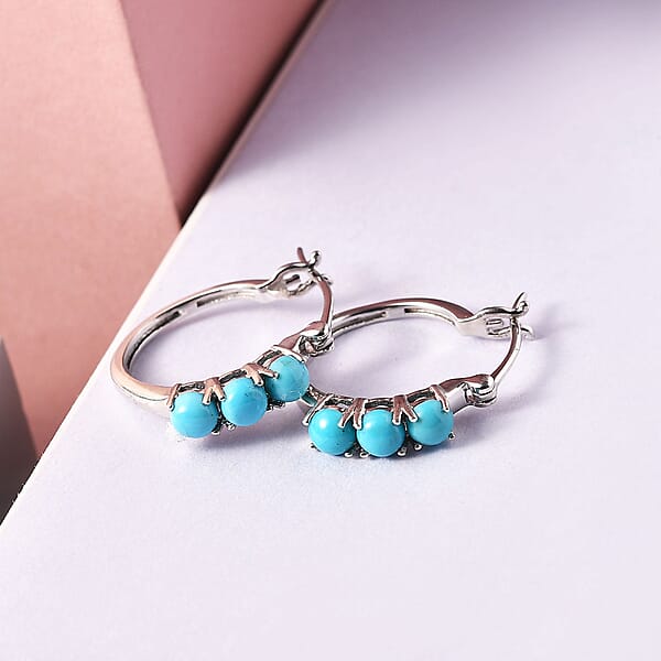 D'Joy Sleeping Beauty Turquoise Hoop Earrings In Platinum Over Sterling Silver 1.60 Ctw