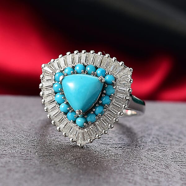 D'Joy Sleeping Beauty Turquoise Moissanite Crown Ring In Rhodium Over Sterling Silver 3.35 Ctw