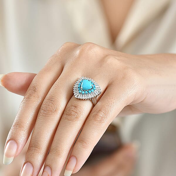 D'Joy Sleeping Beauty Turquoise Moissanite Crown Ring In Rhodium Over Sterling Silver 3.35 Ctw