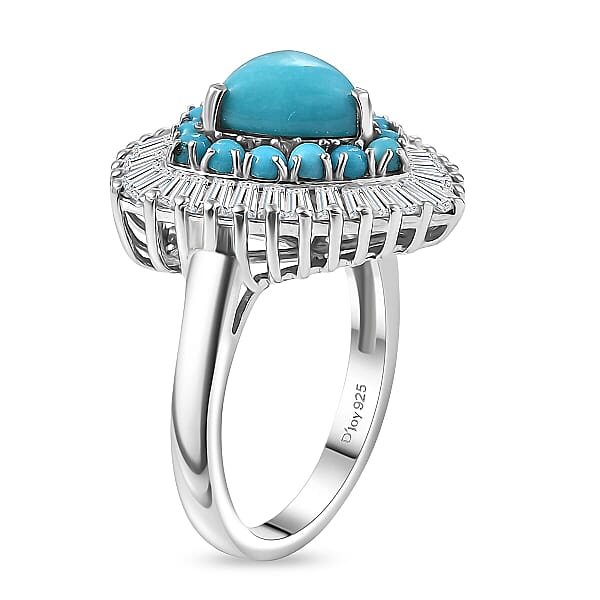 D'Joy Sleeping Beauty Turquoise Moissanite Crown Ring In Rhodium Over Sterling Silver 3.35 Ctw