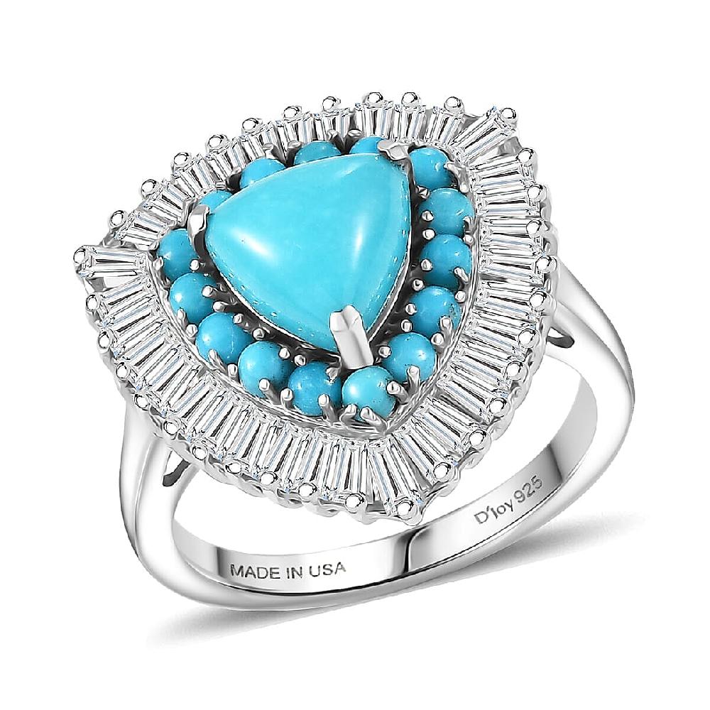 D'Joy Sleeping Beauty Turquoise Moissanite Crown Ring in Rhodium Over Sterling Silver 3.35 ctw