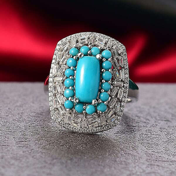 D'Joy Sleeping Beauty Turquoise Moissanite Empress Ring In Rhodium Over Sterling Silver 3.25 Ctw