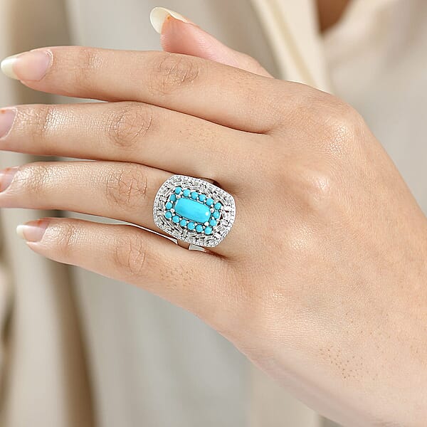 D'Joy Sleeping Beauty Turquoise Moissanite Empress Ring In Rhodium Over Sterling Silver 3.25 Ctw