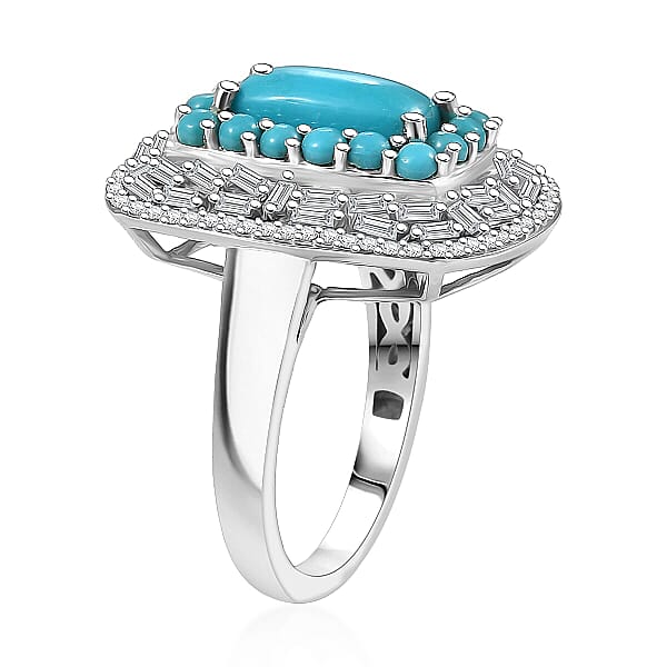 D'Joy Sleeping Beauty Turquoise Moissanite Empress Ring In Rhodium Over Sterling Silver 3.25 Ctw