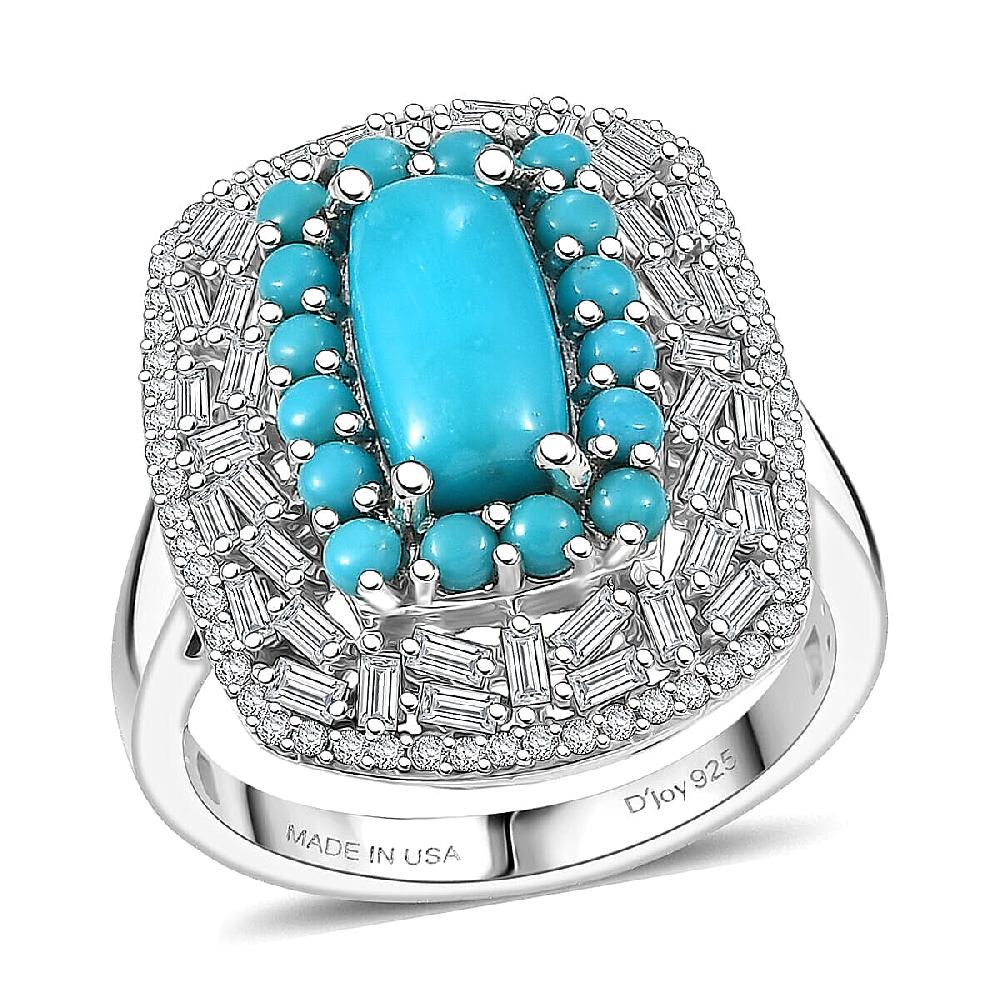 D'Joy Sleeping Beauty Turquoise Moissanite Empress Ring in Rhodium Over Sterling Silver 3.25 ctw