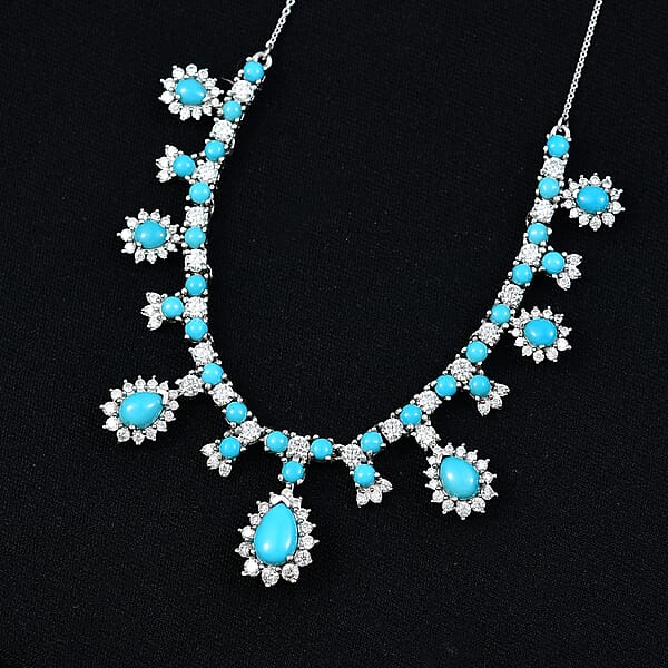 D'Joy Sleeping Beauty Turquoise Moissanite Neckalce In Rhodium Over Sterling Silver 11.80 Ctw (18- 20 Inches)