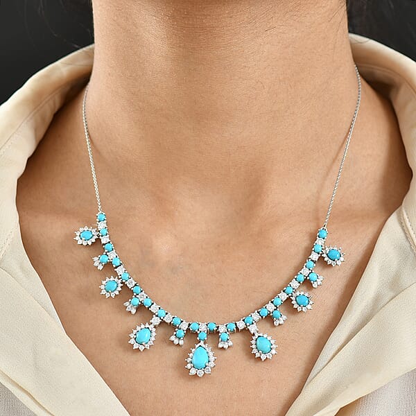 D'Joy Sleeping Beauty Turquoise Moissanite Neckalce In Rhodium Over Sterling Silver 11.80 Ctw (18- 20 Inches)