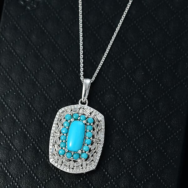 D'Joy Sleeping Beauty Turquoise Moissanite Pendant Necklace In Rhodium Over Sterling Silver 3.25 Ctw (20 Inches)
