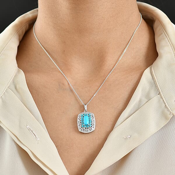 D'Joy Sleeping Beauty Turquoise Moissanite Pendant Necklace In Rhodium Over Sterling Silver 3.25 Ctw (20 Inches)