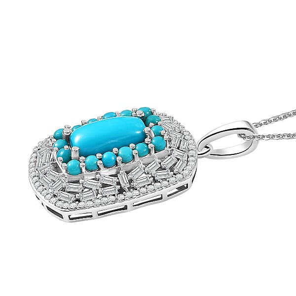 D'Joy Sleeping Beauty Turquoise Moissanite Pendant Necklace In Rhodium Over Sterling Silver 3.25 Ctw (20 Inches)