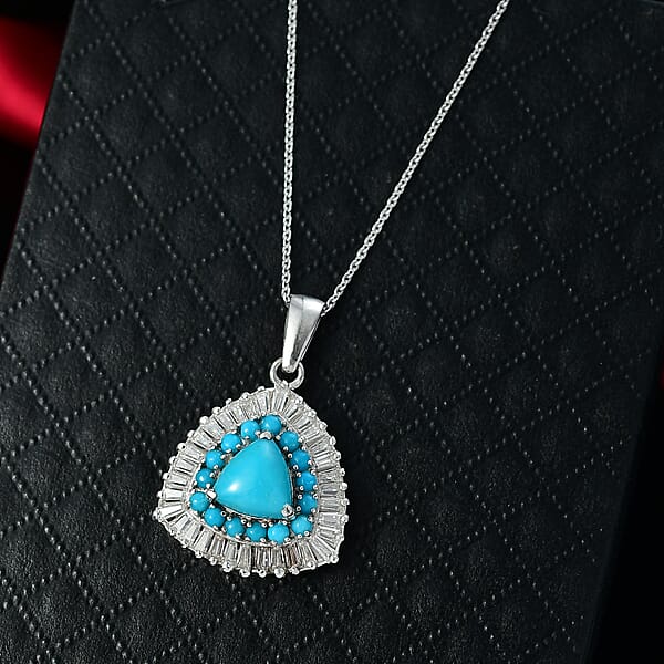 D'Joy Sleeping Beauty Turquoise Moissanite Pendant Necklace In Rhodium Over Sterling Silver 3.35 Ctw (20 Inches) (Del. In 7-10 Days)