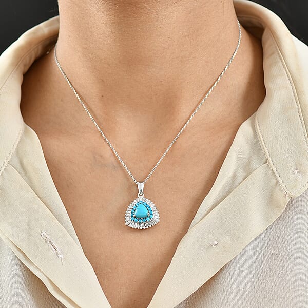 D'Joy Sleeping Beauty Turquoise Moissanite Pendant Necklace In Rhodium Over Sterling Silver 3.35 Ctw (20 Inches) (Del. In 7-10 Days)