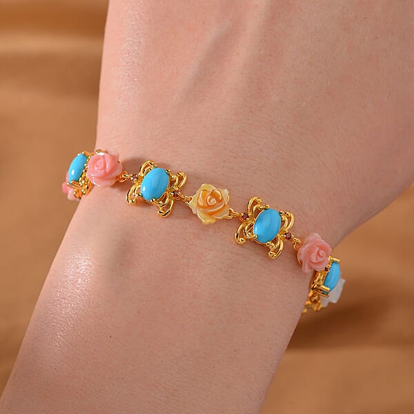 D'Joy Sleeping Beauty Turquoise Multi Color Mother Of Pearl Carved And Mozambique Garnet 5.65 Ctw Floral Bracelet In Vermeil Yellow Gold Over Sterling Silver (7.50 In)