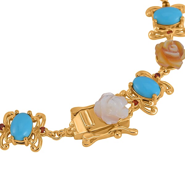 D'Joy Sleeping Beauty Turquoise Multi Color Mother Of Pearl Carved And Mozambique Garnet 5.65 Ctw Floral Bracelet In Vermeil Yellow Gold Over Sterling Silver (7.50 In)
