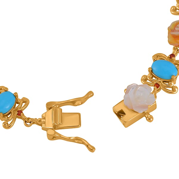 D'Joy Sleeping Beauty Turquoise Multi Color Mother Of Pearl Carved And Mozambique Garnet 5.65 Ctw Floral Bracelet In Vermeil Yellow Gold Over Sterling Silver (7.50 In)