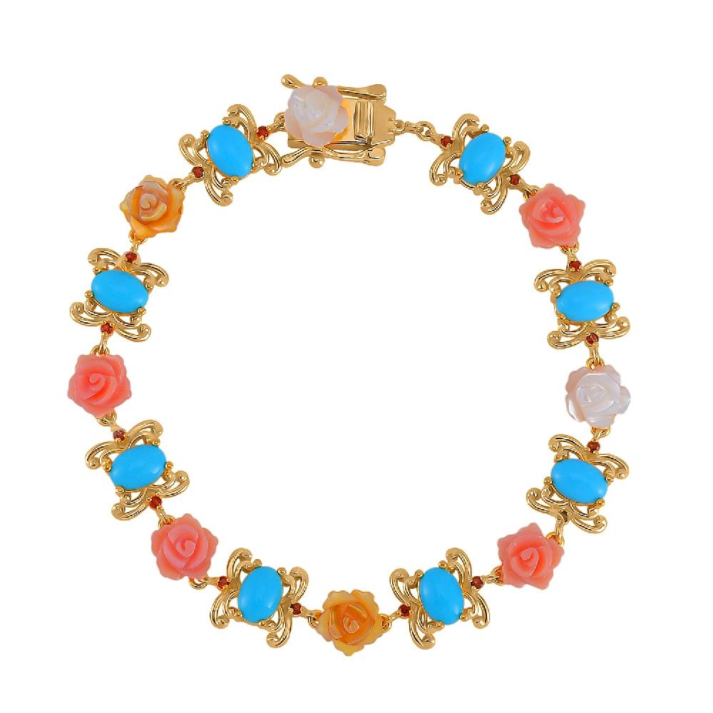 D'Joy Sleeping Beauty Turquoise Multi Color Mother Of Pearl Carved and Mozambique Garnet 5.65 ctw Floral Bracelet in Vermeil Yellow Gold Over Sterling Silver (7.50 In)
