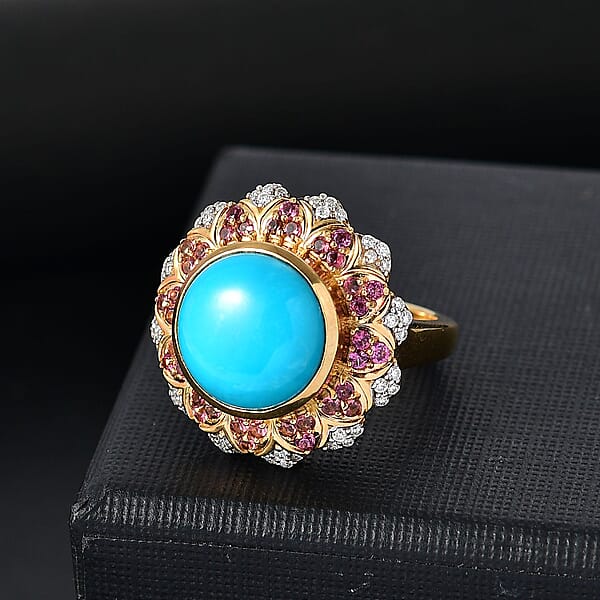 D'Joy Sleeping Beauty Turquoise Multi Gemstone Floral Ring In 18K Vermeil YG Over Sterling Silver 6.30 Ctw
