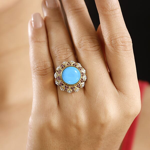 D'Joy Sleeping Beauty Turquoise Multi Gemstone Floral Ring In 18K Vermeil YG Over Sterling Silver 6.30 Ctw